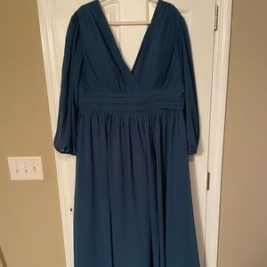 Formal floor length dress with deep V in Teal Blue